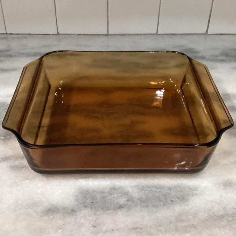 Anchor Hocking Fire-King Square Amber Baking Dish #435, Vintage Brown Bakeware‎